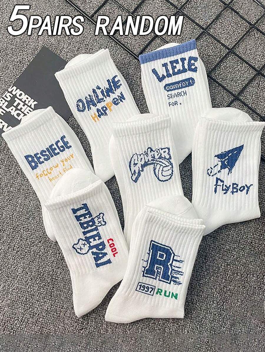 5 Pairs Men's Crew Socks With Random White, Blue, Letter & Number Graphic Prints, Fashionable, Versatile, Soft & Comfortable, Moisture-Wicking