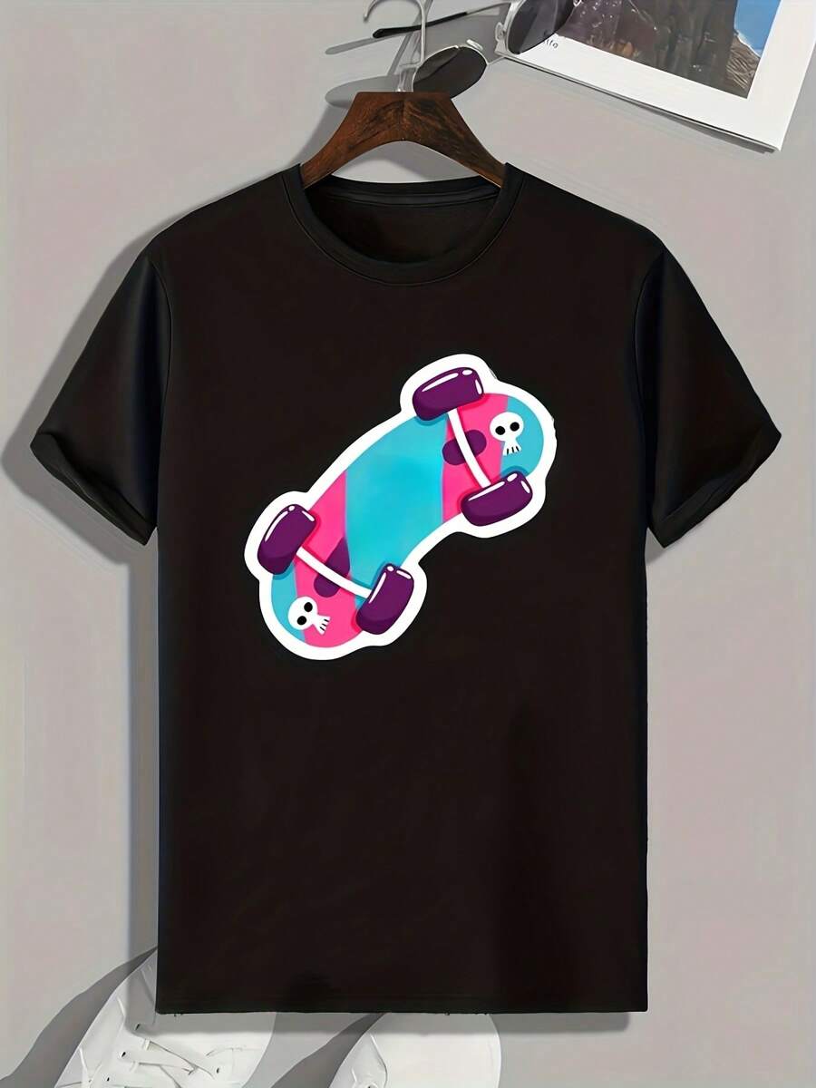 Men's Skateboard Pattern Printed T-Shirt, Comfortable And Versatile Top, Ideal Choice For Summer Outdoor Activities Or Casual Wear