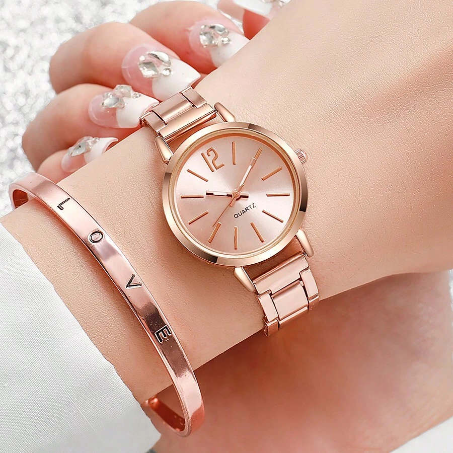 Set de 2 piezas de lujo dorado - Reloj de mujer y pulsera Love de acero inoxidable, un regalo para mujeres