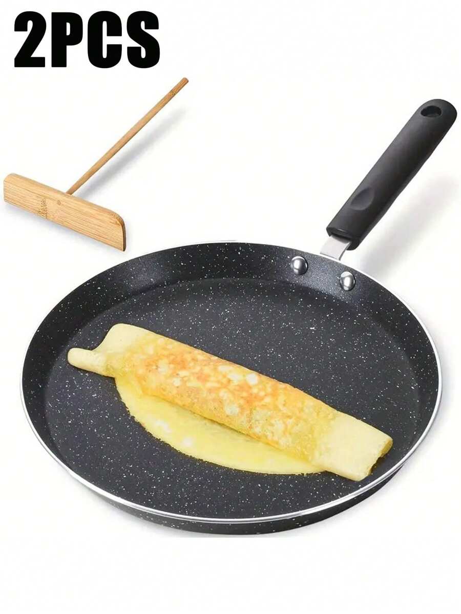 1 Set (1pc Skillet +1pc Applicator) Flat Skillet, Crepe Pan, Tortilla Pan, Flat Skillet, Omelet And Kitchen Induction Cooker Pan, Pancake Pan Round Skillet With Cooling Handle, This Crepe Pan Can Be Used On Gas, Induction Cooker, Electric Stove, Electric Ceramic Stove And Other Stoves