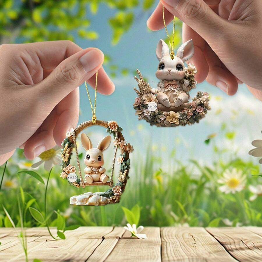 2 piezas Llavero acrílico de conejo de Pascua, Accesorio para espejo retrovisor, Colgante para mochila