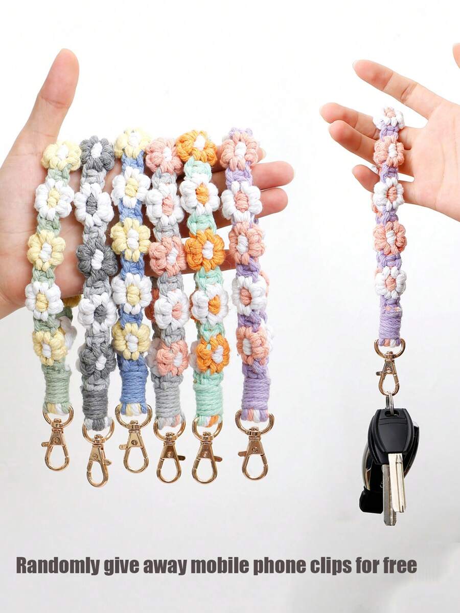 1pc Handmade Woven Floral Phone Lanyard & Key Chain Charm