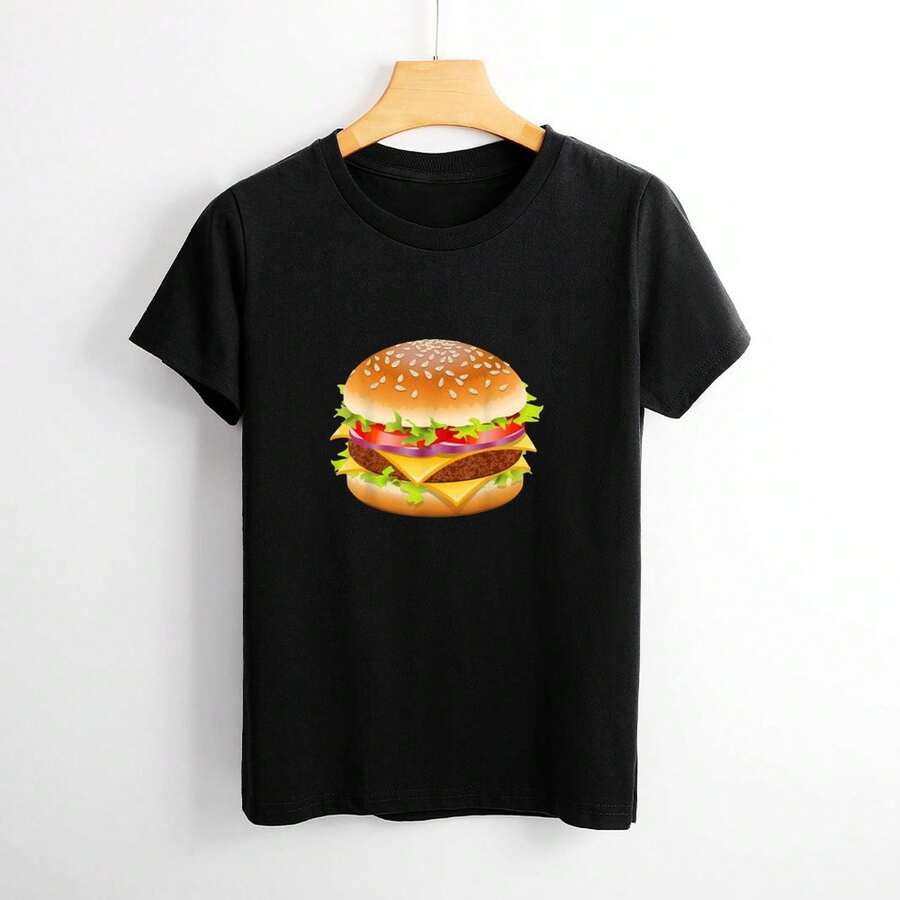 Cheeseburger Hamburger Burger Funny Food Halloween Costume Print Women's T-Shirt, Short Sleeve Round Neck Tee, Fashion And Casual, Comfy And Soft For All-Season Wear