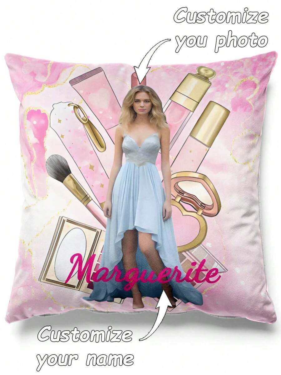 1 pieza Funda de cojín decorativo con eslogan rosa, paleta de sombras de ojos y estampado de rubor, personalizable con nombre y foto, artículo creativo de moda y decoración del hogar para mujer