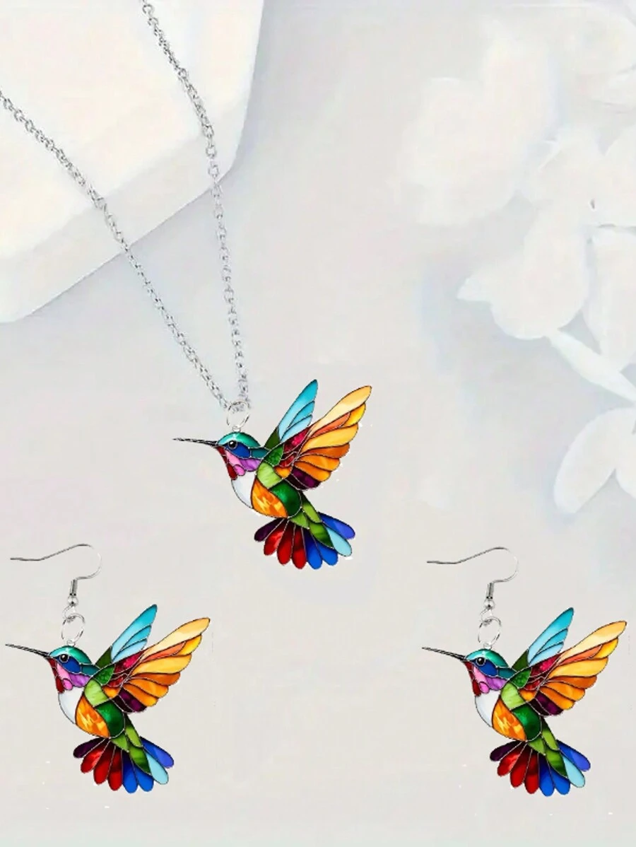 1 set de joyería minimalista con collar y aretes de colgante acrílico con estampado de colibrí esmaltado