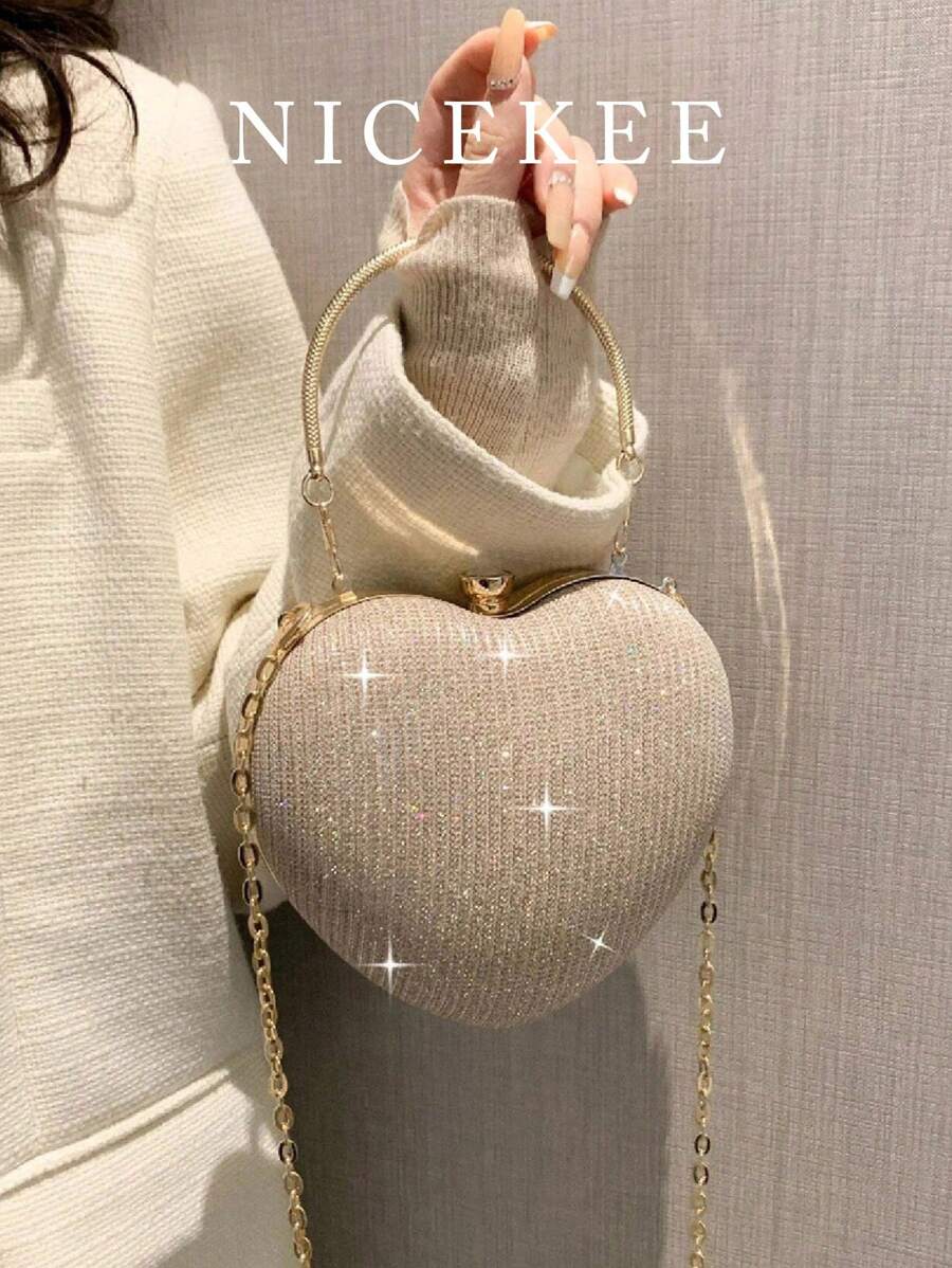 New Classic Luxury Style Women's Evening Bag Fashionable Solid Color Chain Heart-Shaped Handbag Portable Versatile Elegant Shoulder Crossbody Bag Can Hold Lipstick Change Mobile Phone Suitable For Parties Dinner Dance Wedding.
