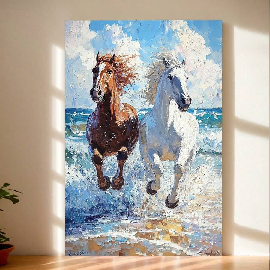 Galloping Steeds By The Seaside, Dynamic Artwork, Classic Coastal Charm