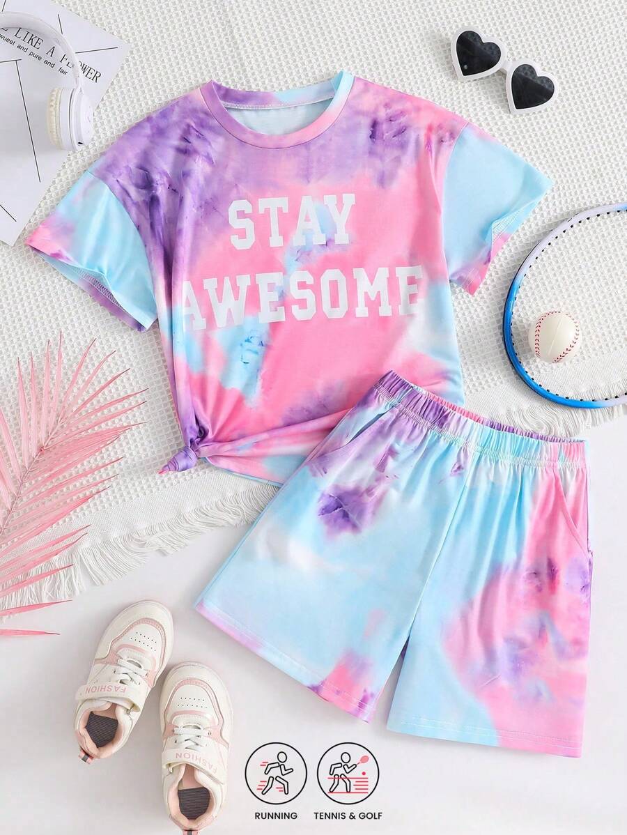 2pcs Girls' Outdoor Sports Comfortable Tie-Dye Letter Print Short Sleeve T-Shirt And Tie-Dye Elastic Waist Shorts Set, Spring/Summer