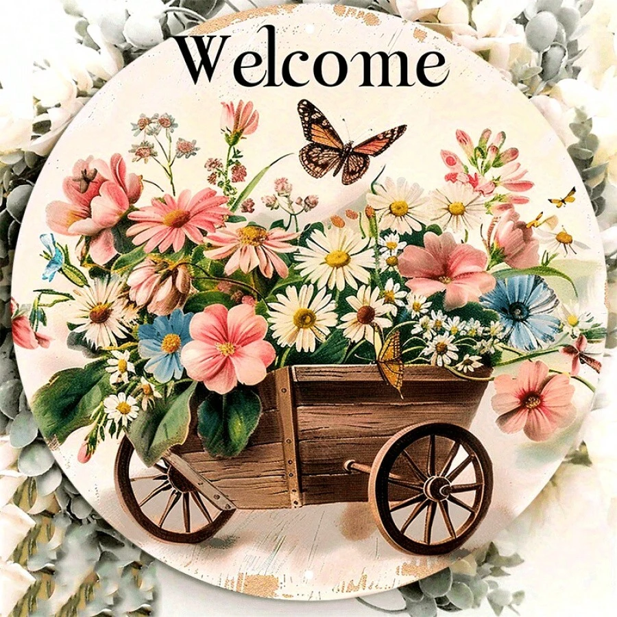1 Peça Placa de Boas-Vindas Redonda de Madeira de 8 Polegadas com Design Floral e de Borboleta, Decoração de Parede Vintage. Adequado para Varanda, Casa, Entrada, Ótimo Presente para Decoração de Quarto de Amigos, Decoração de Jardim, Decoração de Casamento, Decoração de Casa