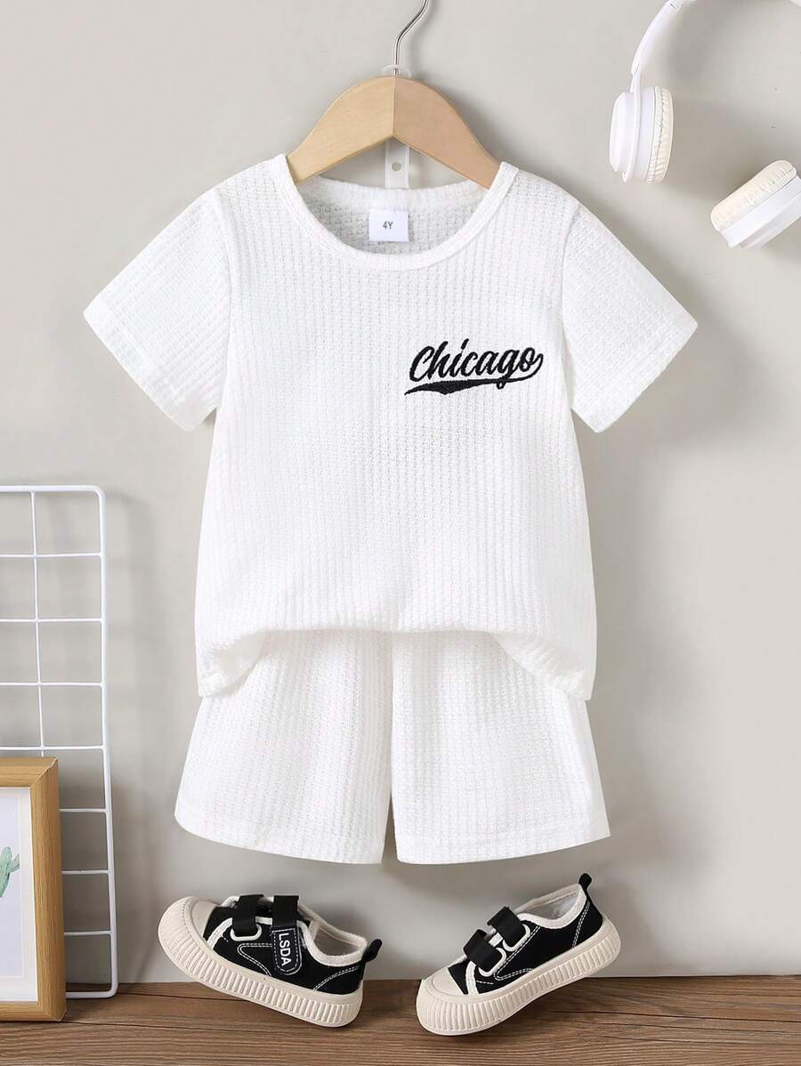 2 Pieces Set Young Boys Letter Embroidered Solid Casual Shirt And Solid Comfortable Casual Shorts, Summer