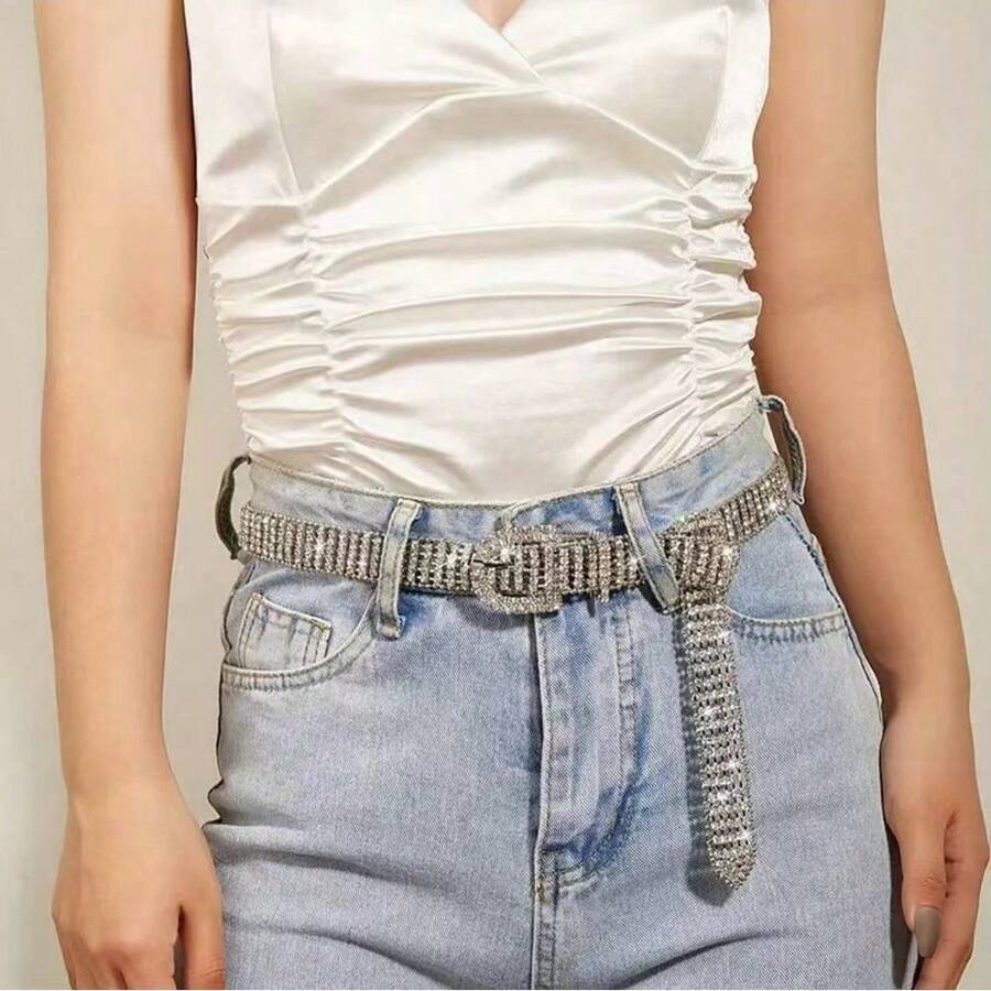 1 pièce Ceinture de taille avec cristaux pour femme, ceinture polyvalente entièrement cloutée de strass, convient aux robes, jeans, Noël, fête sur la plage, Halloween, ceinture de taille style chaîne Y2K, convient aux jeans, robes, pantalons, argent, mariage, printemps/été/automne/hiver