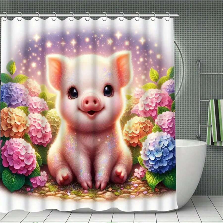 1pc Valentines Decorations Shower Curtain With 12 Hooks, Waterproof Shower Curtain, Machine Washable Bathroom Cartoon Decoration