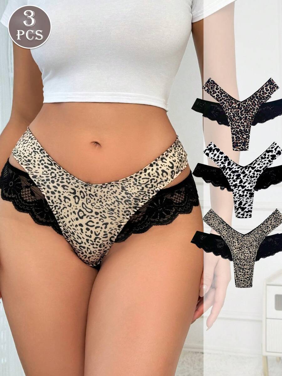 3PCS Leopard Print Sexy Cross Strap Lace Splicing Women's Panties Animal Print Low Waisted Comfortable Women's Thongs