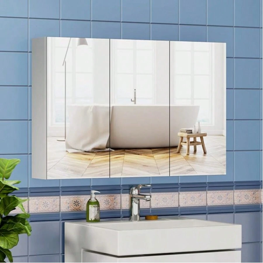 Wall-Mounted Mirror Cabinet White, 3-Door Mirrored Storage Cupboard, Adjustable Height Shelves Storage Unit (90 X 60 X 15 Cm)