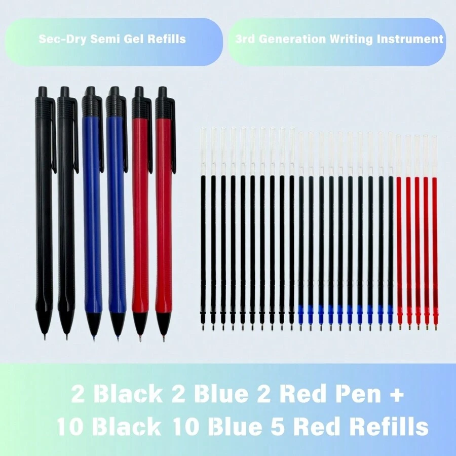 6pcs Push-Button Triangular Medium-Point Ballpoint Pen Set, Black/Blue/Red, Neutral Pens, Learning & Office Supplies, 0.5mm Ballpoint, Student, School, Office Stationery (6pcs Pens + 20pcs Extra Smooth Refills)