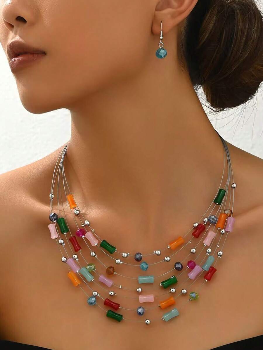 1pc Middle Eastern Style Bamboo Knot Layered Necklace & 1 Pair Glass Bead Earrings, Fashionable Jewelry Set For Women