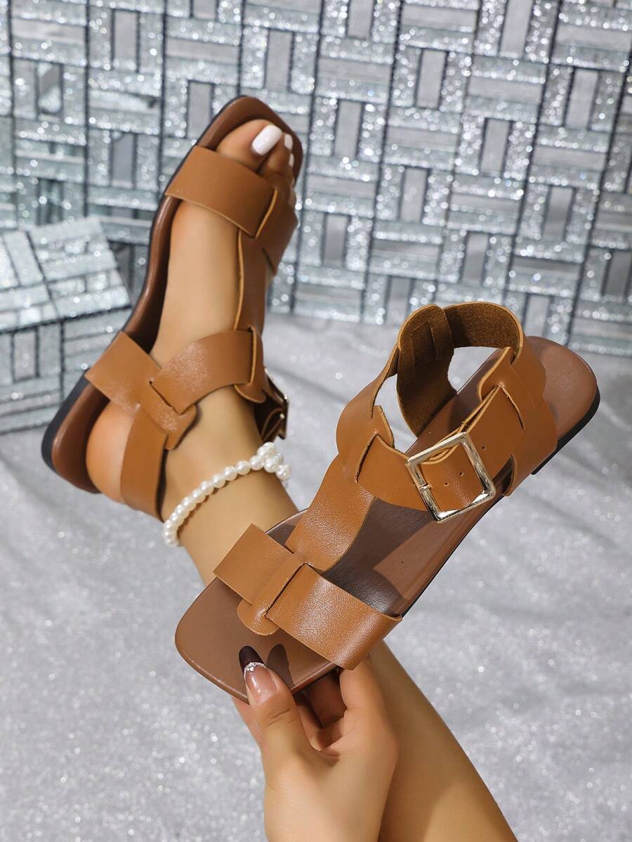 Sandalias planas de dedo tipo chanclas para mujer, sandalias casuales de playa, sandalias deportivas tipo slip-on con hebilla de unicolor, para el verano