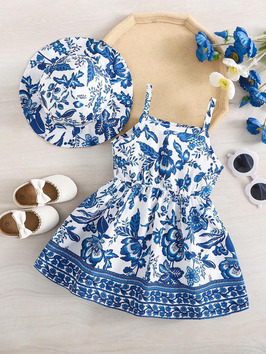Set de 2 piezas de vestido y sombrero con estampado floral, estilo casual y elegante para niña bebé, para primavera/verano