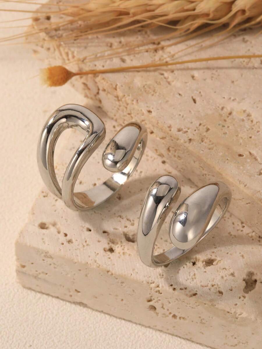 2 piezas de anillos ajustables de acero inoxidable con forma de lágrima, de estilo minimalista y moderno para uso diario de la mujer