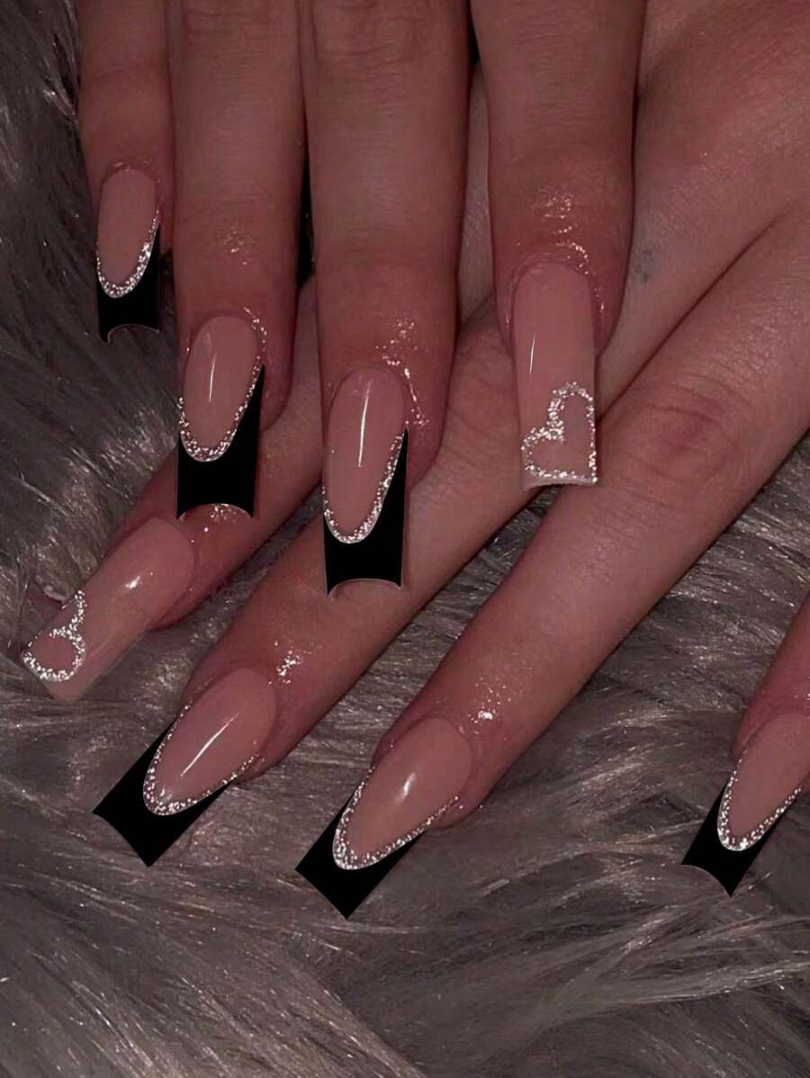 24 stuks middelgrote vierkante Franse tip persnagels met medium hartpatroon met glitter passen perfect bij acryl kunstnagels set, bevat 1 stuk geleilijm en 1 stuk nagelvijl, gemakkelijk te dragen acryl kunstnagels Franse tip nagel voor vrouwenmeisjes dagelijks werk festivals feestgebruik