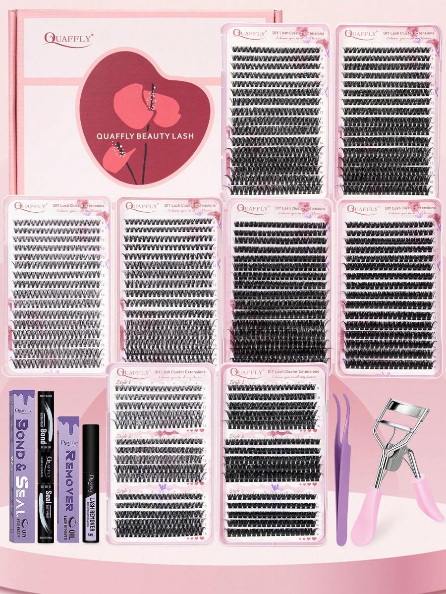 2478Pcs 8-18mm Valentine's Day Eyelash Gift Set D Curl Eyelash Extension Set Includes 4 Tubes Eyelash Book Eyelash Bond And Seal Eyelash Remover Eyelash Applicator Eyelash Curler Individual Eyelash Set, Easy To DIY At Home, Suitable For All Occasions