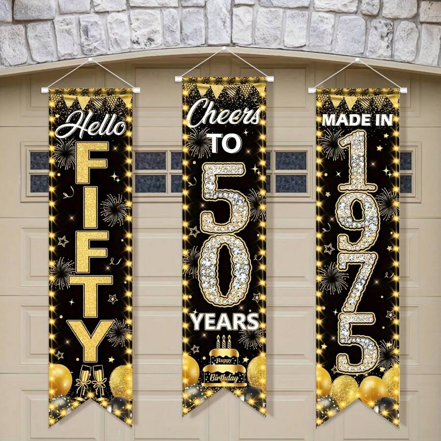 3 piezas Pancartas para fiesta de 50 cumpleaños, decoraciones de 50 cumpleaños para hombres y mujeres negro y oro, letreros de porche 1975, pancartas de felicitación por 50 años, telones de fondo colgantes negro y oro, decoración de 50 cumpleaños para puertas y paredes