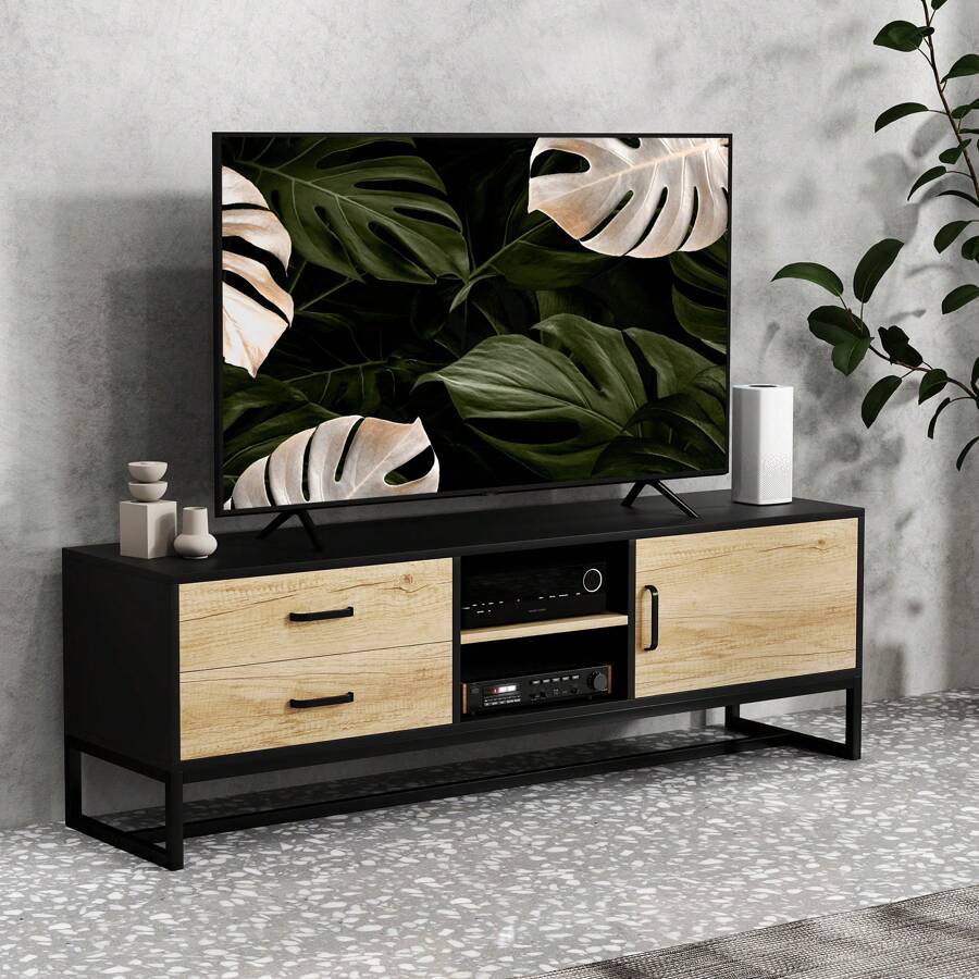 HOMCOM HOMCOM Meuble TV meuble télé bois banc TV pour téléviseur jusqu'à 60 pouces avec placard, compartiments ouverts, 2 tiroirs, étagère réglable et passe-câbles pour salon chambre à coucher, bois naturel
