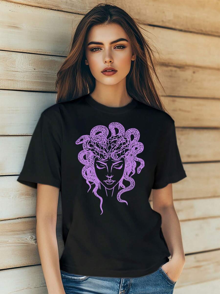 Women's Ancient Greece Medusa Advanced Portrait Cool Retro Print T-Shirt Fashion Short Sleeve Round-Neck Slm Fit Tops Summer Casual Streetwear