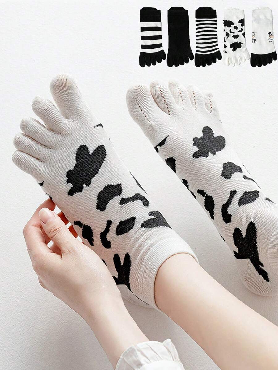 1 par de meias femininas separadoras de dedos, meias leves e respiráveis com gáspea baixa, absorvem o suor, meias curtas com tubo, meias curtas resistentes a odores e estampa de vaca fofa para o verão, meias femininas com tubo