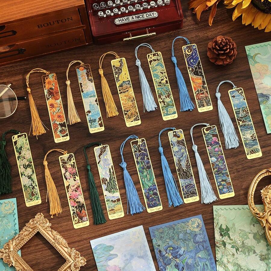 ICCEEMEE 12pcs/Pack Flower Metal Bookmarks With Tassel Golden Hollow Bookmark 12 Different Styles Van Gogh Claude Monet Painting Book Marks For Book Lovers Writers Readers Students Teachers Birthday Holiday Gifts