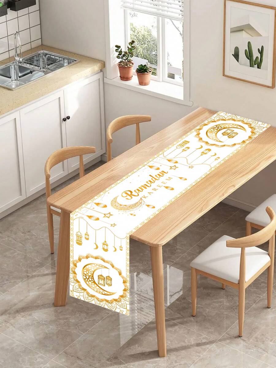 طاولة عداد من المخمل البرتقالي ذات تصميم نجوم وقمر لموسم رمضان وعيد الأسرة، إكسسوارات ديكور طاولة الحفلات
