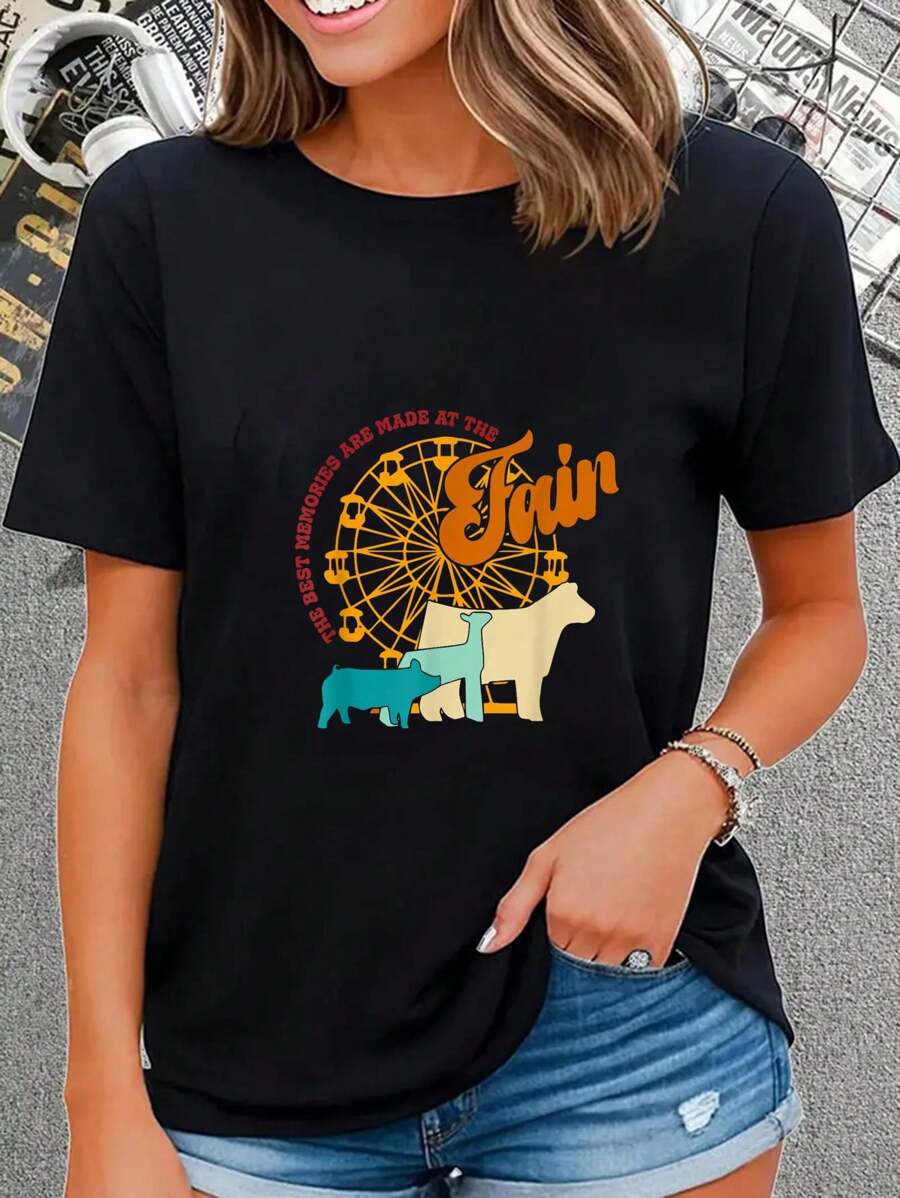 The Best Memories Are Made At The Fair Animals Vintage T-Shirt Round Neck Short Sleeve T-Shirt Women's Men's Graphic Tee Causal Tops