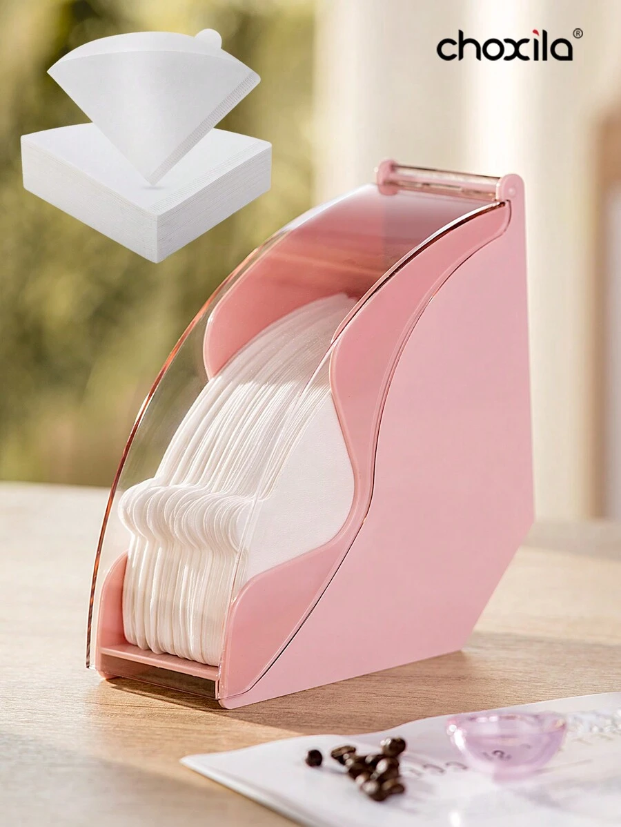 choxila 1 pieza Soporte para filtro de café rosa, almacenamiento de filtros de café con tapa antipolvo, estante dispensador de papel de filtro de café, caja para filtros de café para cafetería, hogar, oficina, capacidad para 200 unidades de filtros de café V60 y de cono, de vuelta al colegio