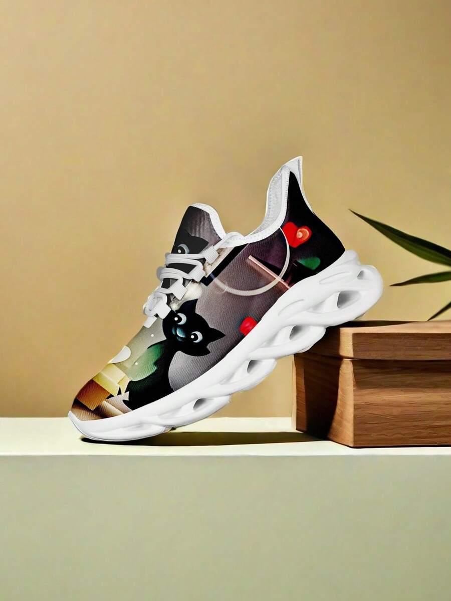 Zapatillas de hombre de malla transpirable y ligera de tejido de punto con cierre de cordones y punta redonda, con estampado de flores de cerezo, versátiles para correr, senderismo, exteriores, adecuadas tanto para hombres como para mujeres, suela de goma