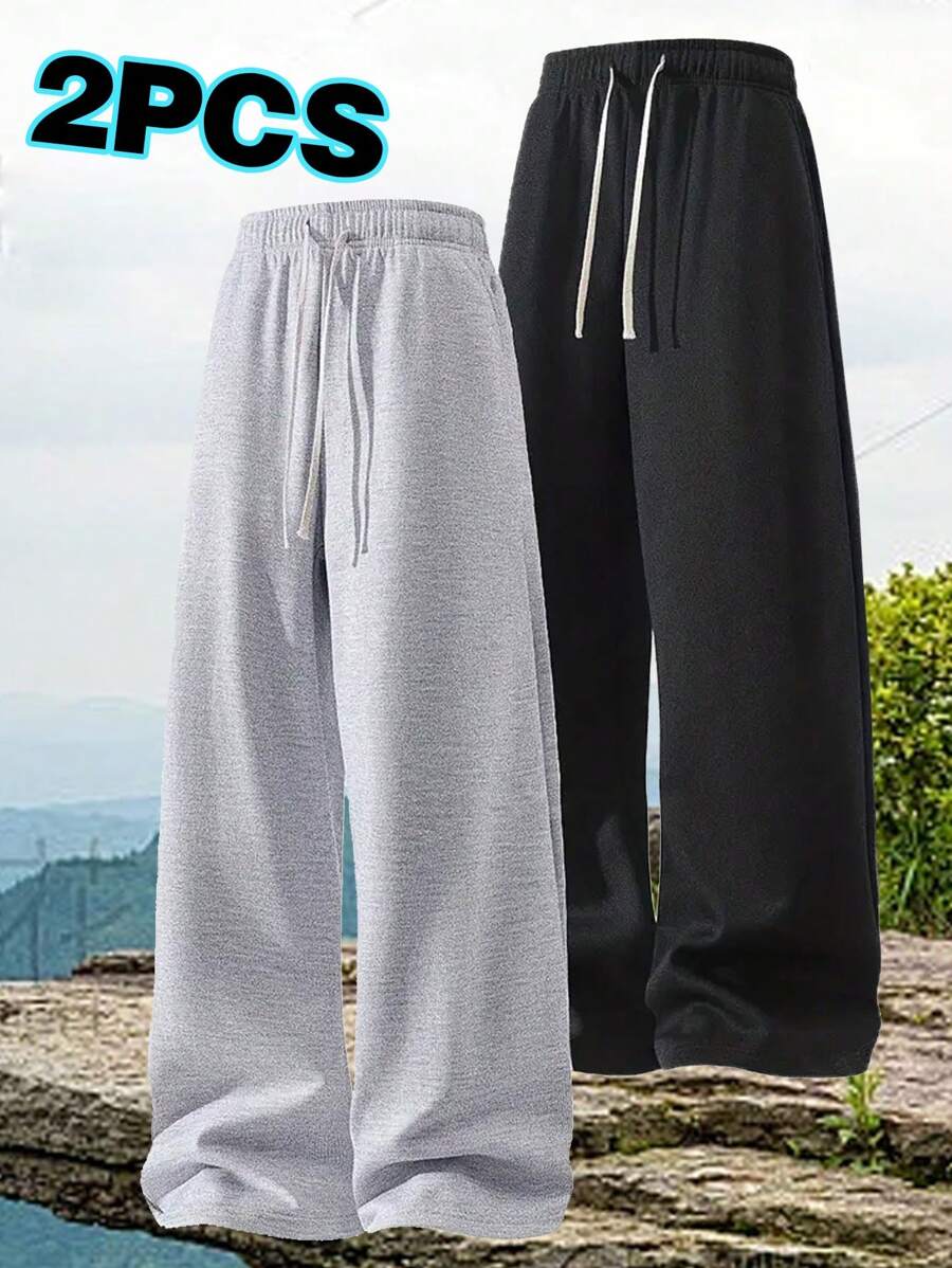 2pcs Men's Loose Casual Solid Color Drawstring Waist Pants, Spring/Summer, Comfortable For Outdoor Sports, Jogging, Fitness, Running, Basketball