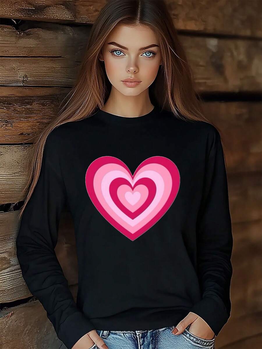 Women Valentine's Day Love Retro T-Shirt Fashion Print Long Sleeve Round-Neck Loose Fit Tops Streetwear