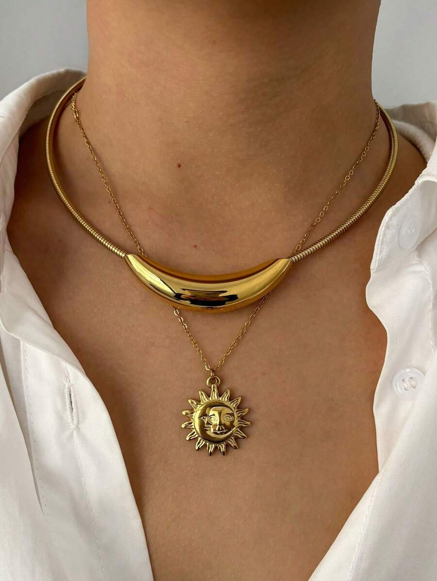 Monlansher 1pc Women's Stainless Steel Pendant Necklace, Fashion Metal Sun Flower & Smiling Face Hollow Curved Tube Pendant Design On Snake Chain, Stylish Layered Necklace