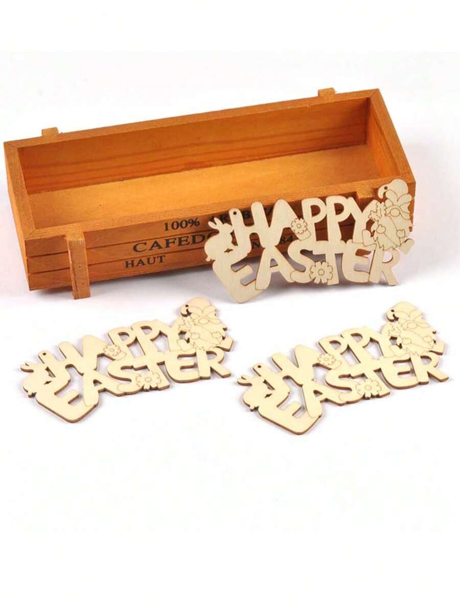 5pcs Natural Wooden Happy Easter Bunny Hanging Ornaments, 12*6.2cm, DIY Home Decorations For Easter Holiday