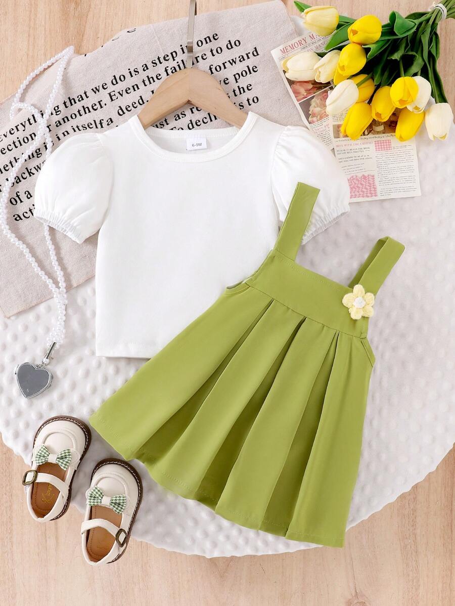 2pcs Cute Baby Girl Summer Outfit: White T-Shirt Top And Loose Fresh Green Floral Print Bib Overall Dress Set