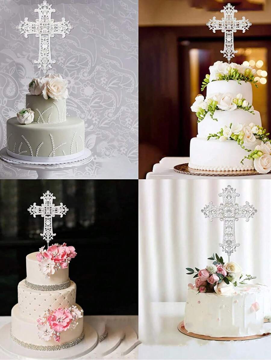 2 pièces Décorations de gâteau en métal et cristal en forme de croix, décorations de gâteau "Que Dieu bénisse" pour baptême de bébé, mariage, baptême, cuisson, fournitures pour fête de gâteau