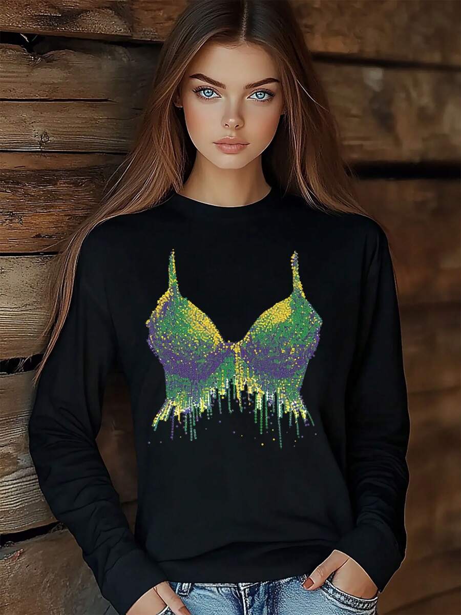 Women Luxury Style Bow Jewelry T-Shirt Fashion Print Long Sleeve Round-Neck Loose Fit Tops Streetwear