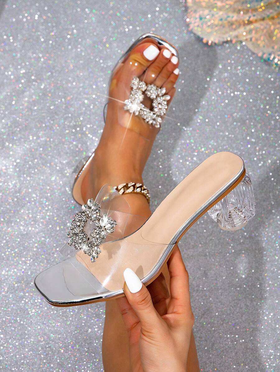 Women's Fashion High Heel Sandals, Upgraded Euro/US/Middle East Popular Item, Soft Transparent Glass Jelly, Shiny Fashion Buckle Embellishment, Laser Cut Asymmetric Heel, Mid-Thick Heel Sandals, Open Toe Mule Sandals, Lightweight Sexy High Heels, Elegant Mid-Heel Mule Sandals, Silver Sandals
