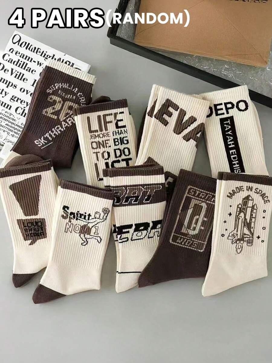 4 pares de calcetines de hombre versátiles de otoño e invierno con estilo retro americano, con un patrón de letra para una comodidad y simplicidad, con un acabado exquisito y vitalidad.
