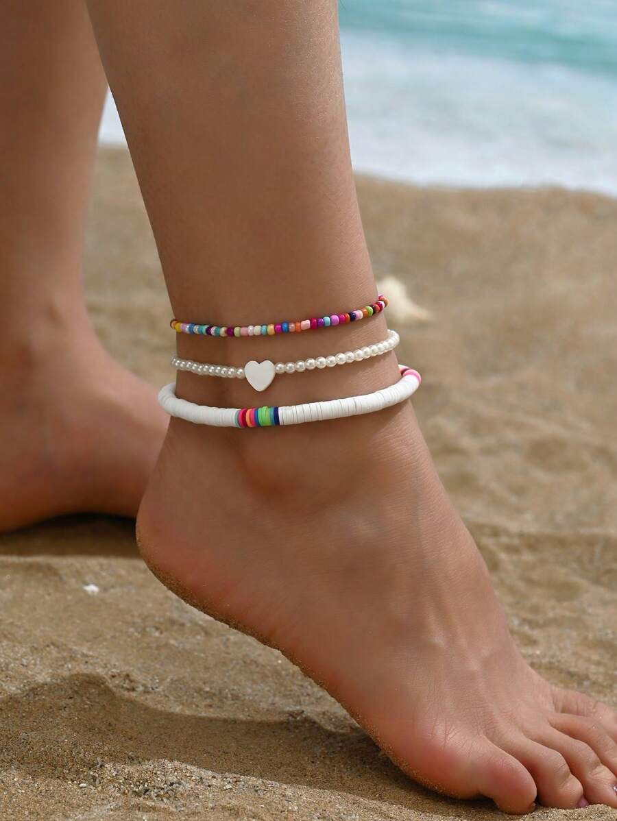 3pcs/Set Bohemian Style Fashion Versatile Random Color Soft Ceramic Glass Beaded Faux Pearl Heart Shape Anklet Set, Suitable For Daily Wear For Women