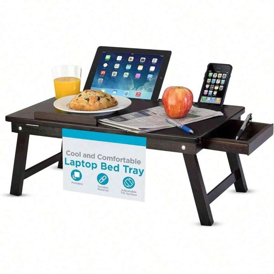 Laptop Bed Tray | Adjustable Tilt Surface, Storage Drawer, Folding Legs, Mouse Pad | Fits Laptop Up To 15" | Slots Up To: Tablets 9.6", Phones 4" | For Work, Reading, Studying | Espresso