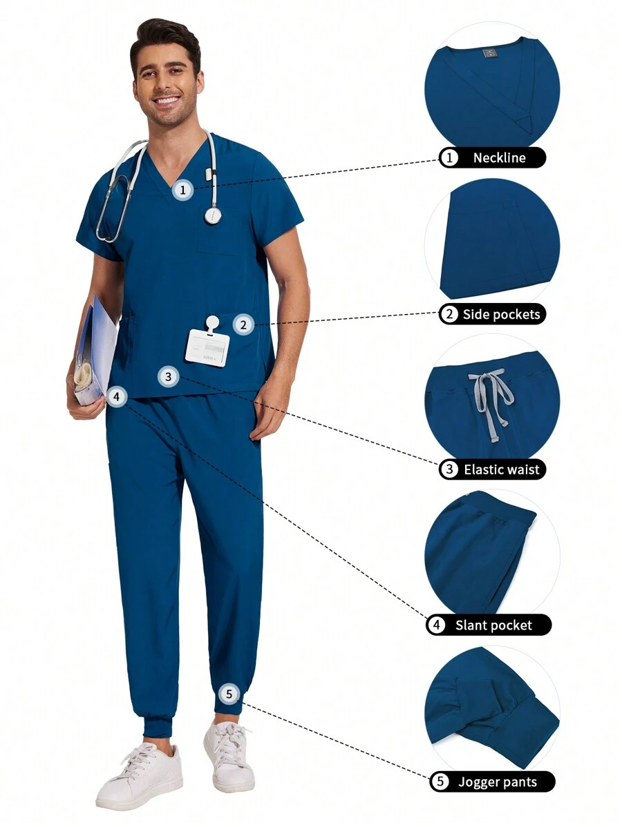 Conjunto de pijama médico para hombres con parte superior de manga corta multicolor + pantalón tipo jogger, uniforme de enfermería, veterinaria y trabajo