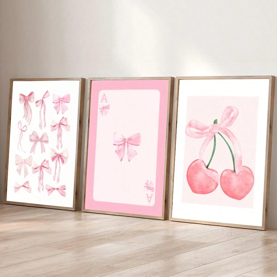 3 pièces Tableau mural aquarelle nœud rose image féminine imprimés sur canevas peintures style preppy décoration pour chambre, salon ou bureau appartement étudiant sans cadre