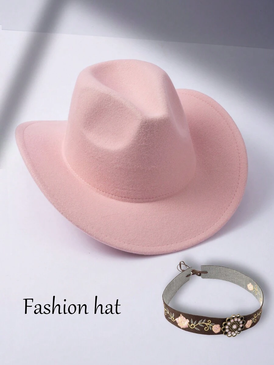 1 Pc Rose & Leaf Retro Pattern Bohemian Vintage Polyester Embroidered Beaded Rhinestone Felt Hat, Newsboy Cap, Cowboy Hat, All-Season Fashion Versatile Work Hat With Detachable Chain