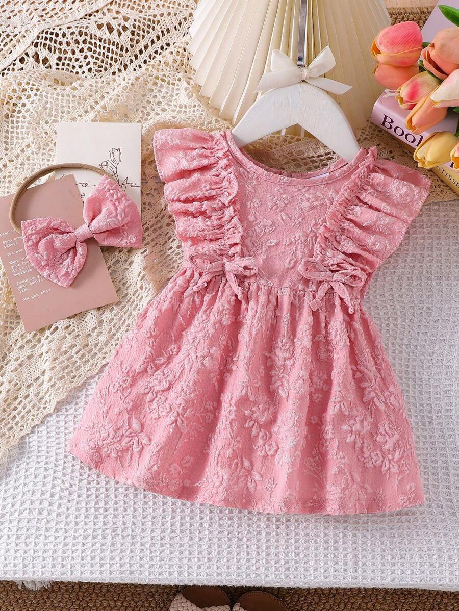 2pcs Baby Girl Sweet Bowknot Floral Trim Sleeveless Pink Jacquard Dress With Hair Scrunchie, Summer