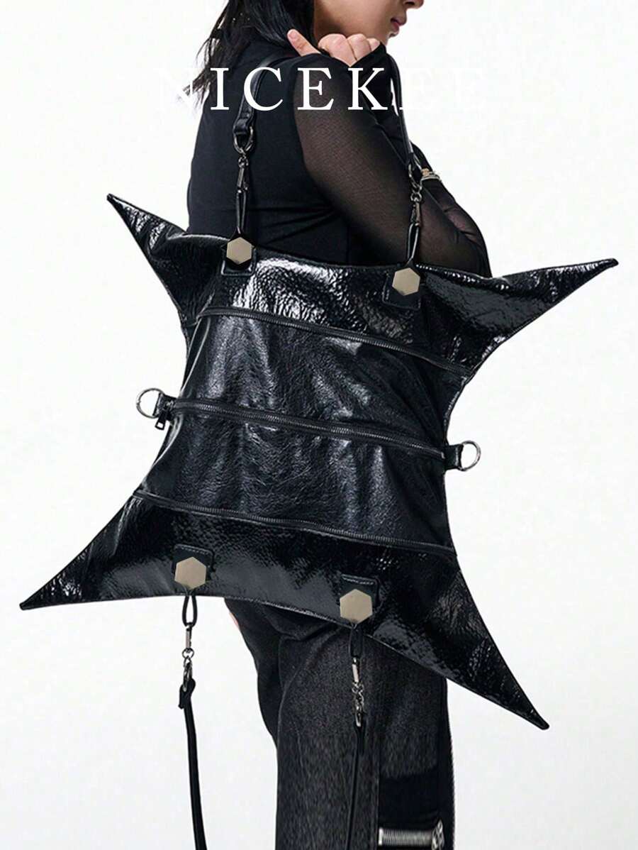 The New Dark Cool Girl Large-Capacity Shoulder Bag With Multi-Back Method And Multi-Pocket Design Four-Pointed Star Bag Is The Same Niche Retro Solid Color Special-Shaped Y2K Crossbody Bag Halloween Christmas Eve Cosplay Bag.